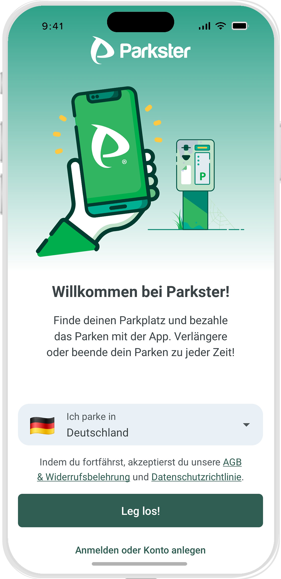 Smartphone screen mit Parkster Willkommensseite