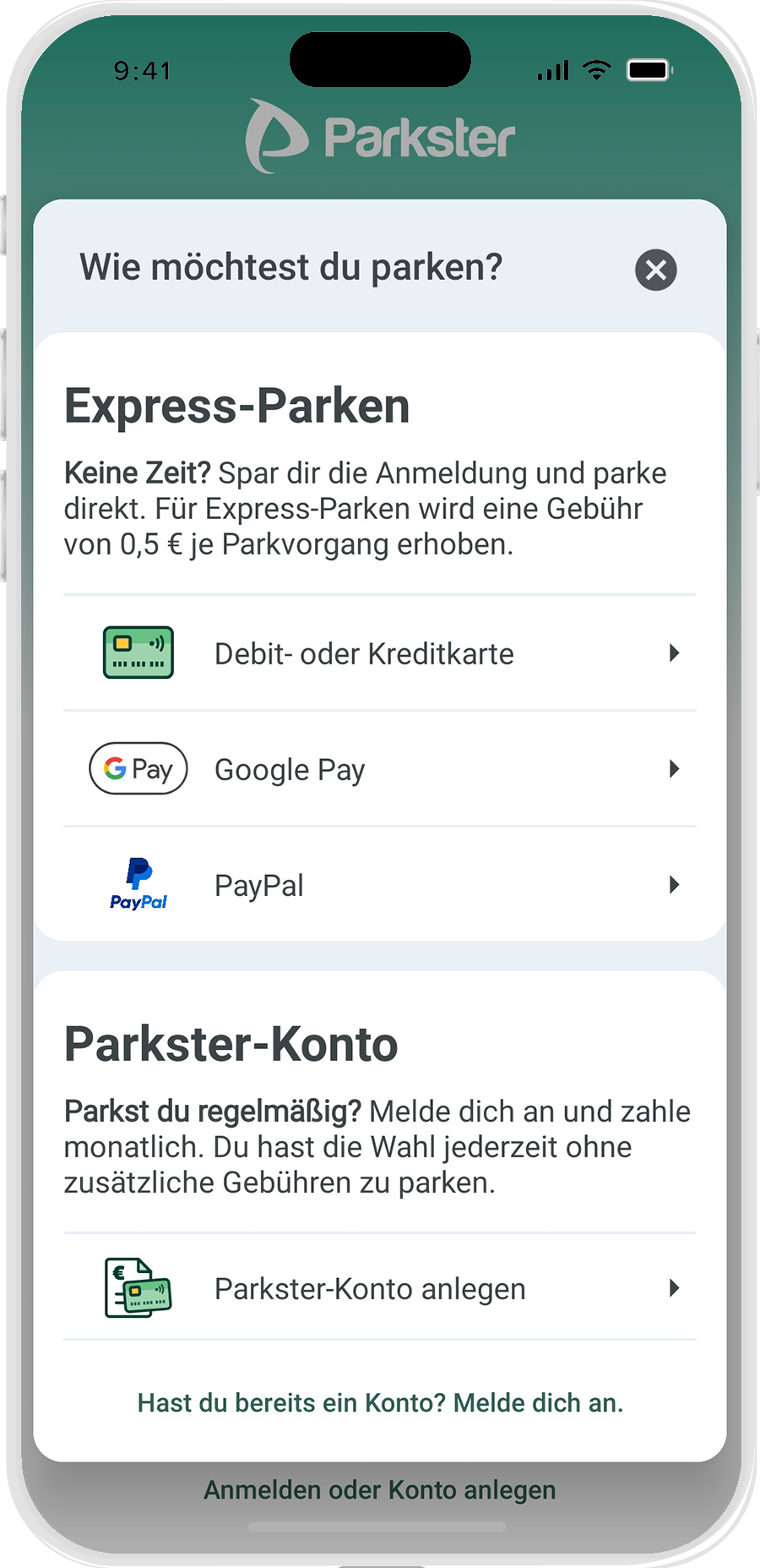 Smartphone screen mit Parkster Konto-Auswahl