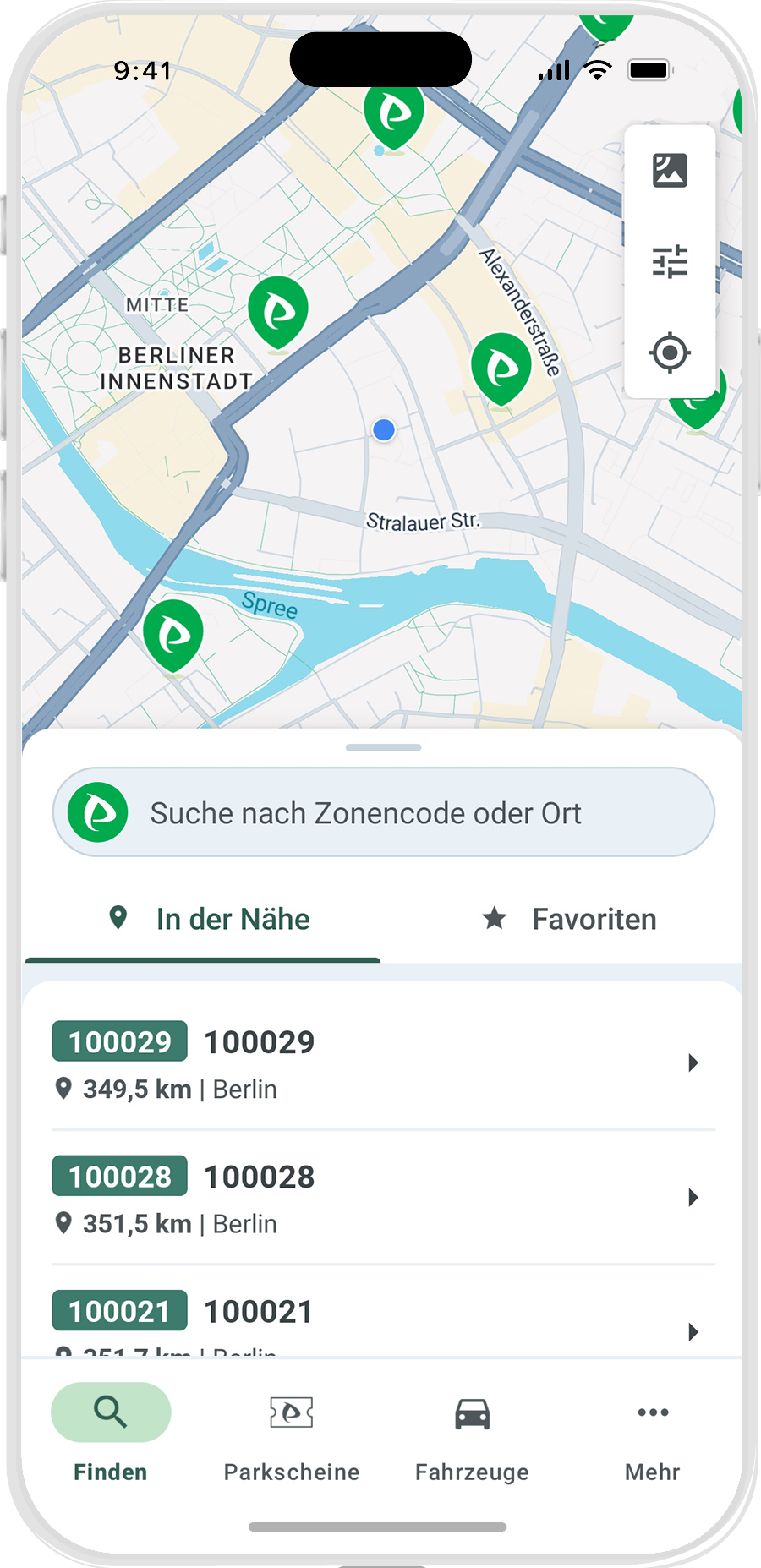 Smartphone screen mit Parkster Parkzonenauswahl