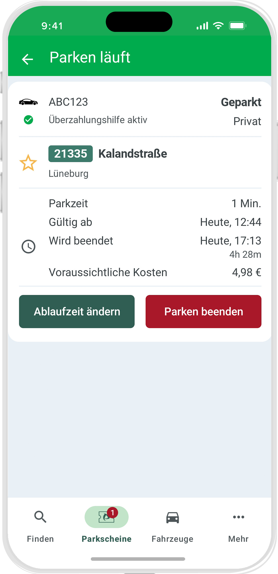 Smartphone screen mit Parkster Parkvorgang verlängern oder beenden