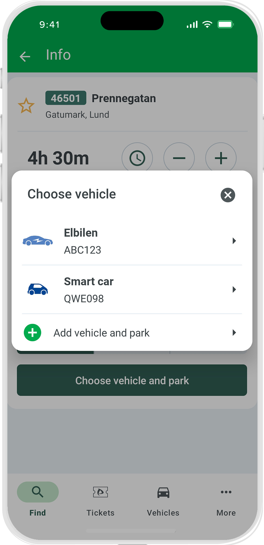 Screenshot of the Parkster app showing the vehicle selection screen