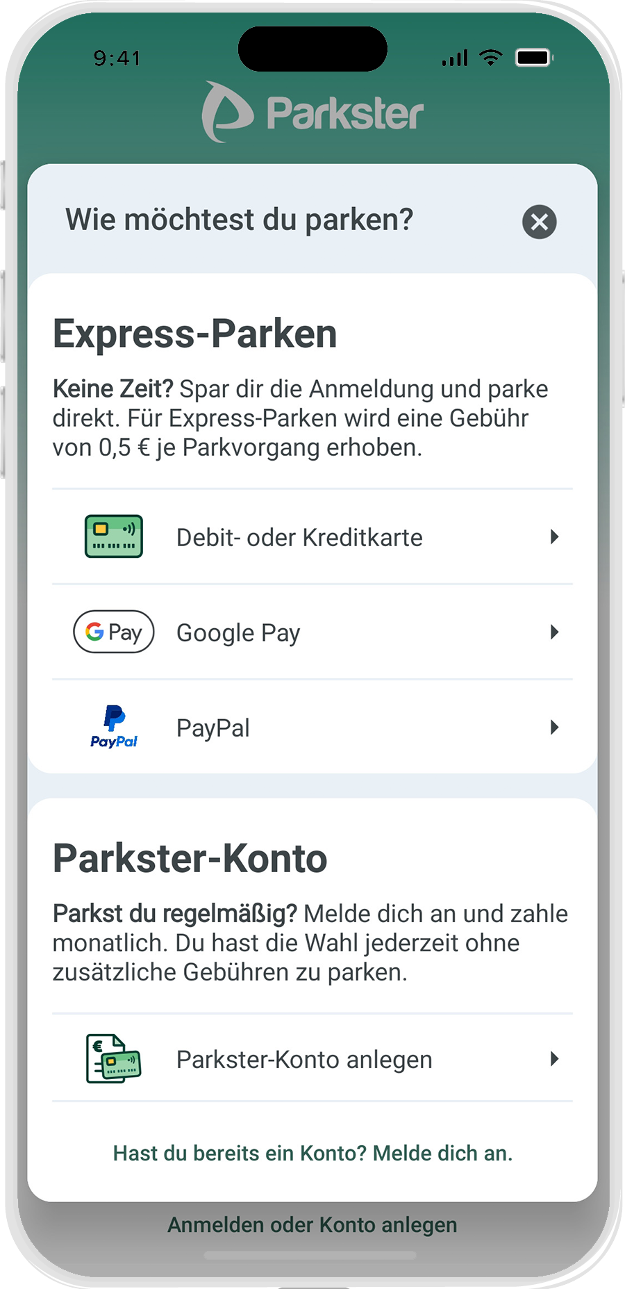 Smartphone screen mit Parkster Konto-Auswahl