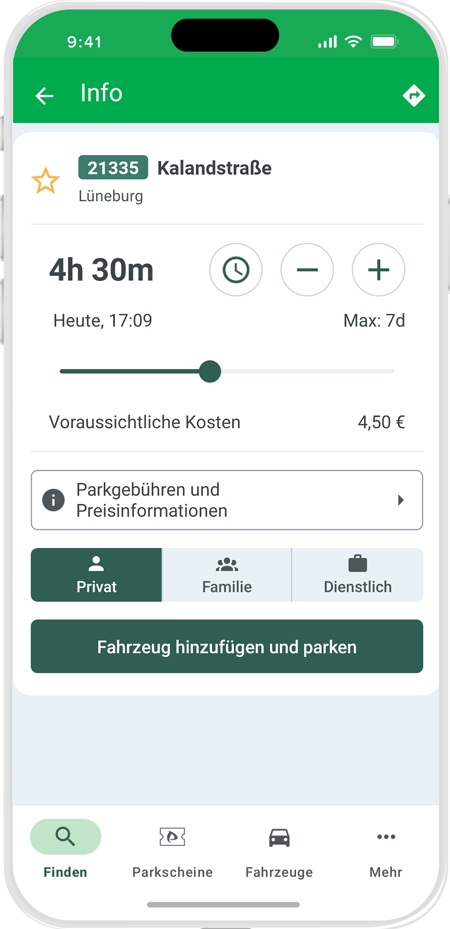 Smartphone screen mit Parkster Parkvorgang starten und verlängern