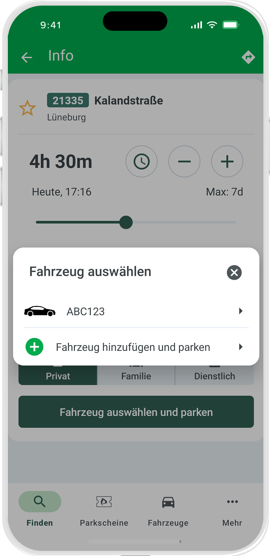 Smartphone screen mit Parkster Fahrzeug auswählen