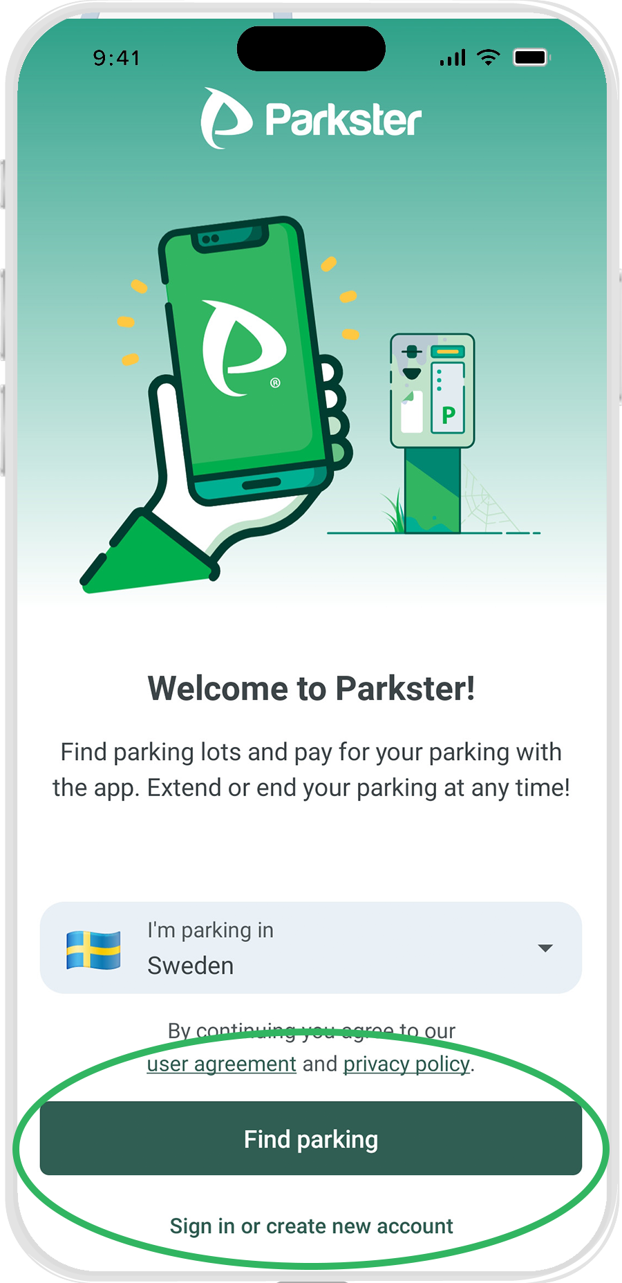 Parkster's welcome screen with the sign up link highlighted