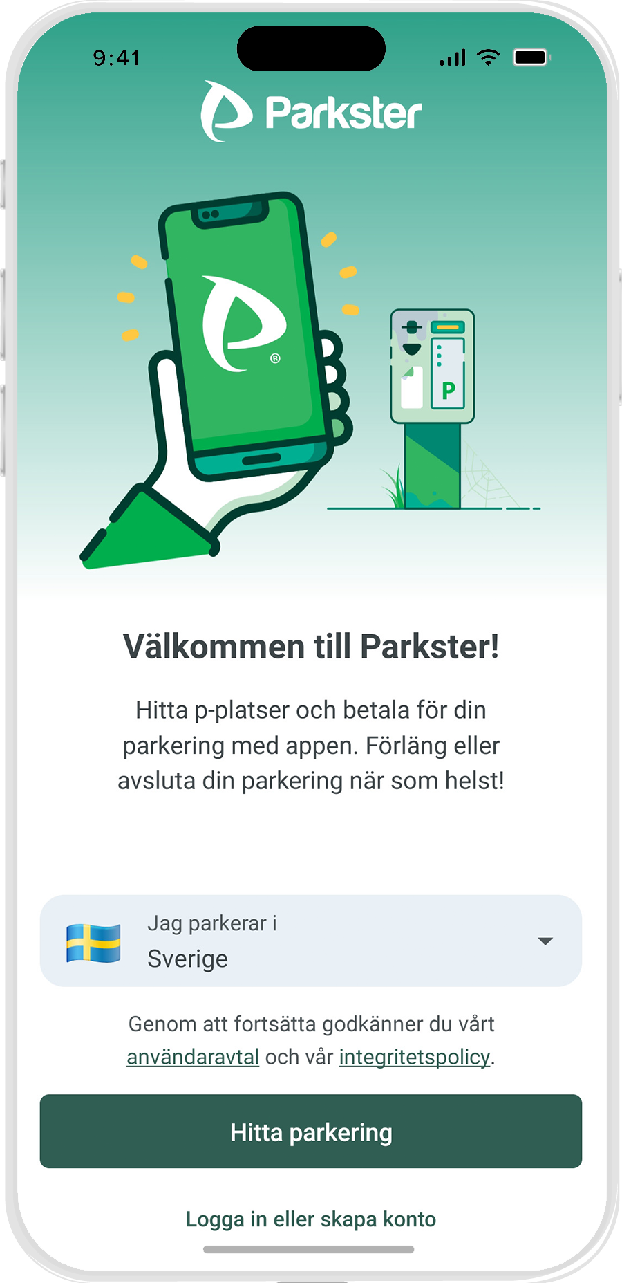 Välkomstsidan i Parkster-appen