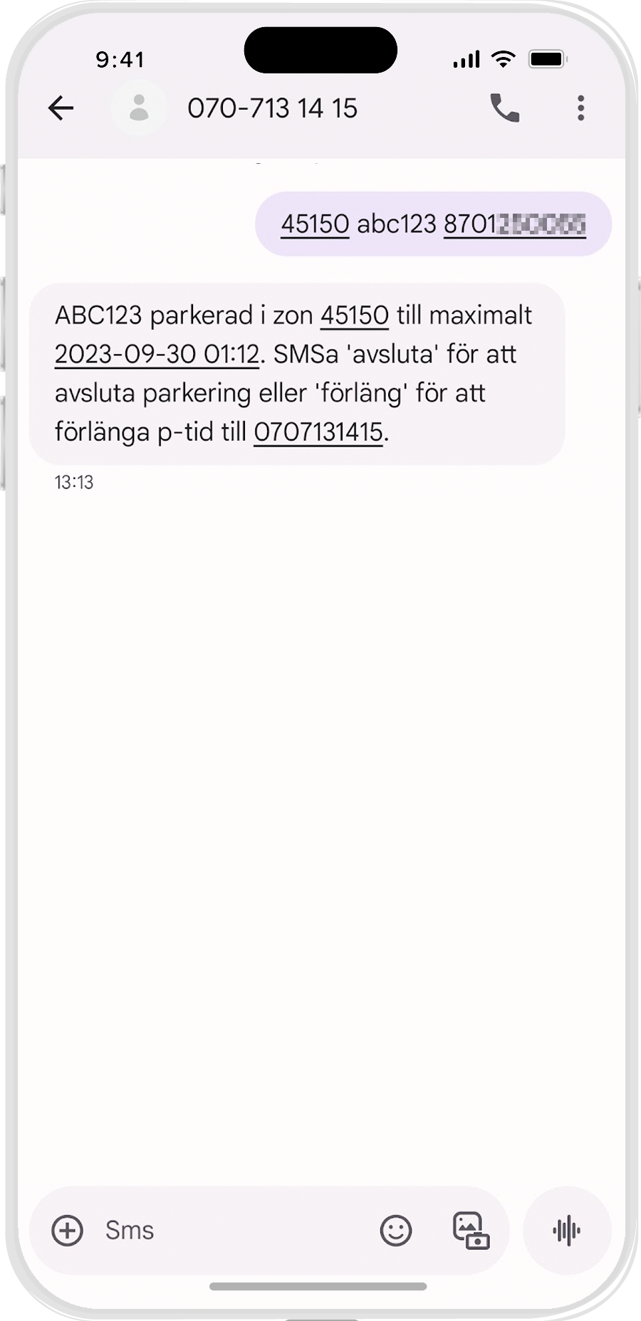 Skärmbild av SMS-konversation
