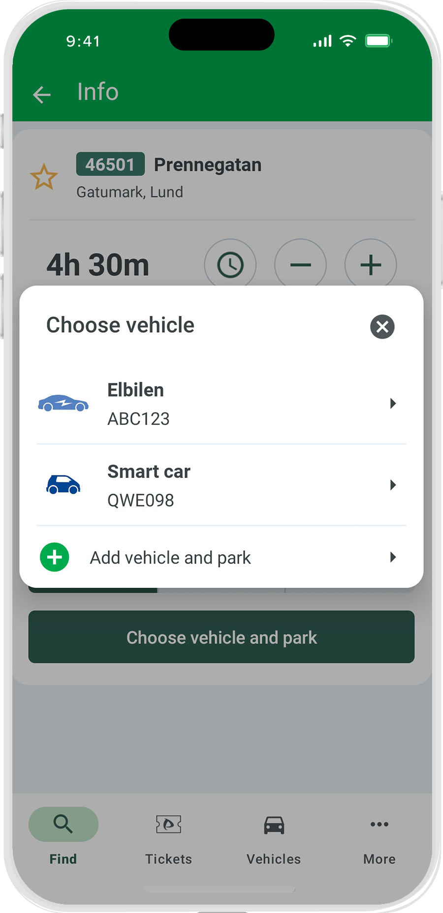 Screenshot of the Parkster app showing the vehicle selection screen