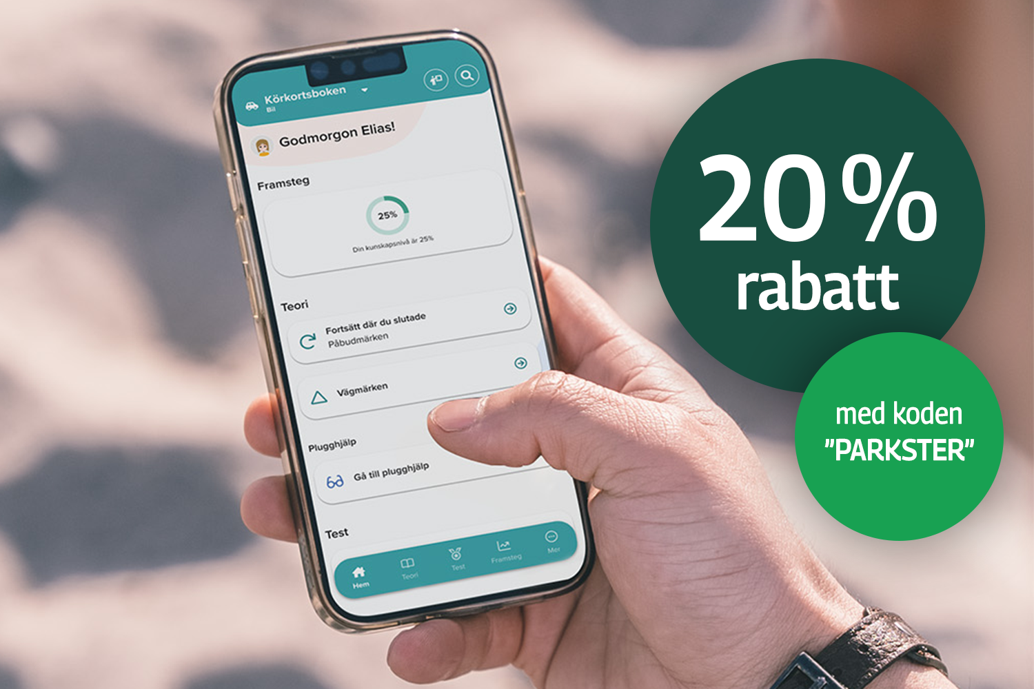 Bild på mobil med vy från körkortshandboken. Cirklar där det står 20 % rabatt med koden Parkster.